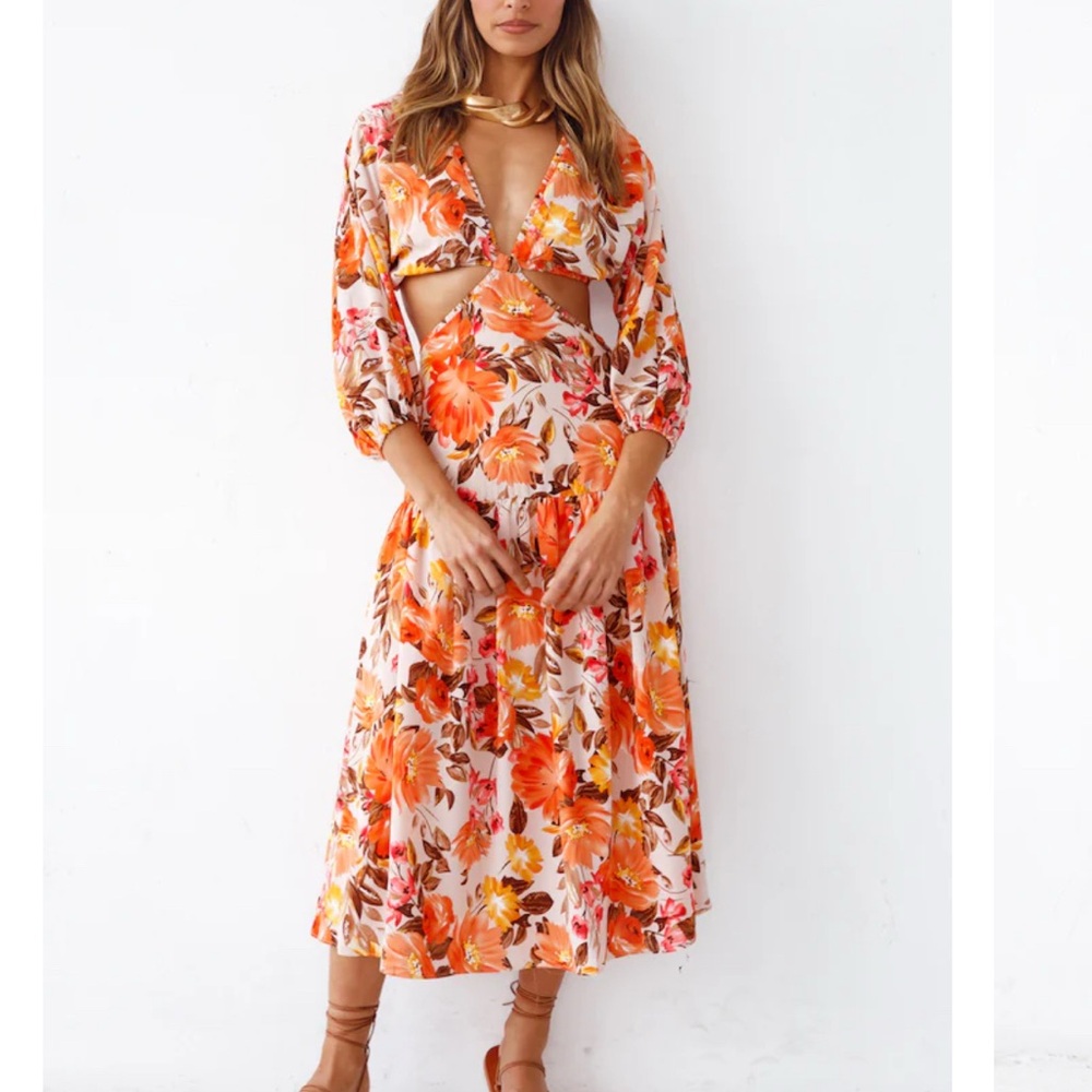 Orange Plunge Neck Bishop Sleeve Midi Sundress